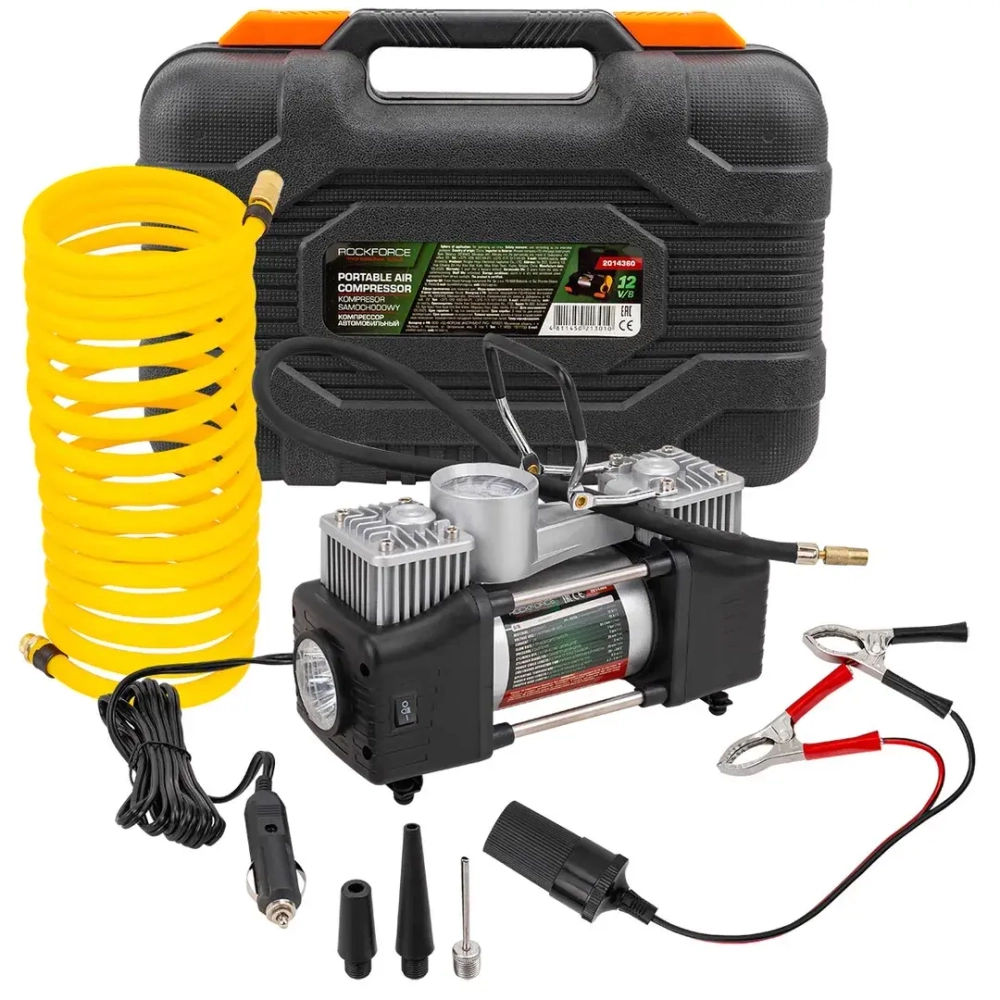 Компрессор автомобильный поршневой двухцилиндровый с аналоговым манометром и встроенным фонарем (12В, 20А, 65л/мин, 7бар) в пласт.кейсе RockFORCE RF-2014360