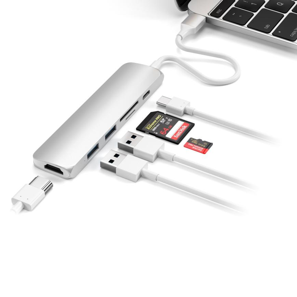 USB-Хаб Satechi Slim Multiport V2 (USB-C) (ST-SCMA2) Подключение: встроенный кабель USB-C. Порты: USB-C (PD 60 Вт), 2 USB-A 3.2 Gen 1, microSD UHS-I, SD UHS-I, HDMI (до 4K 60 Гц)