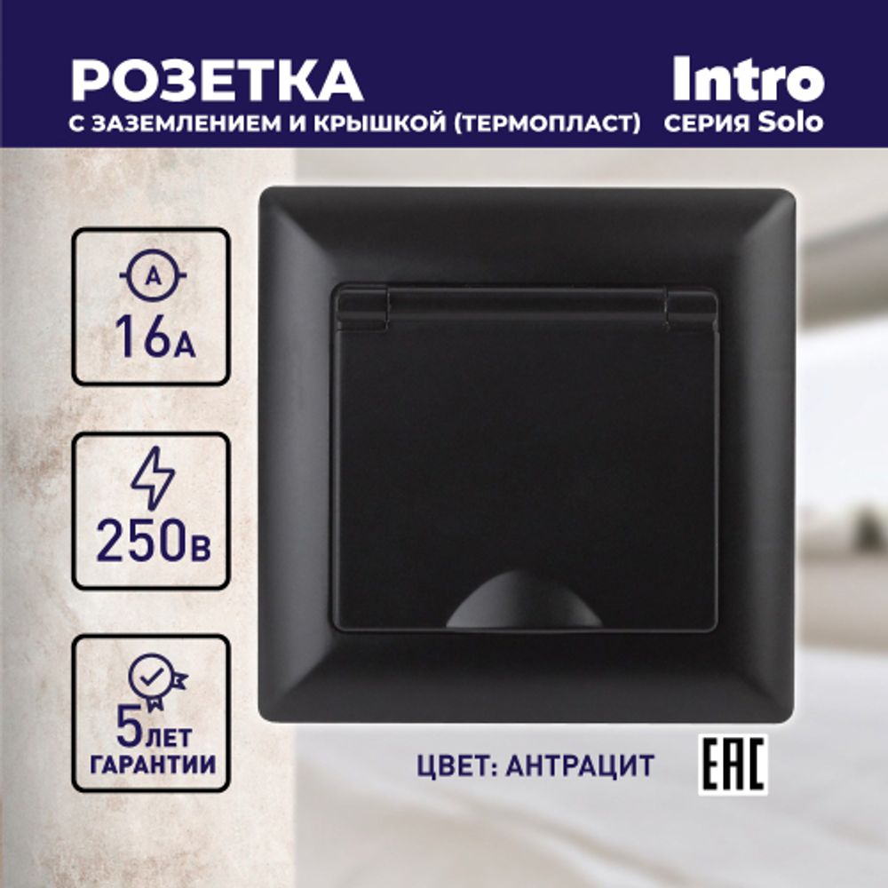 Розетка Intro Solo 4-203-05 с заземлением 2P+E Schuko с крышкой, 16А-250В, IP20, СУ, антрацит