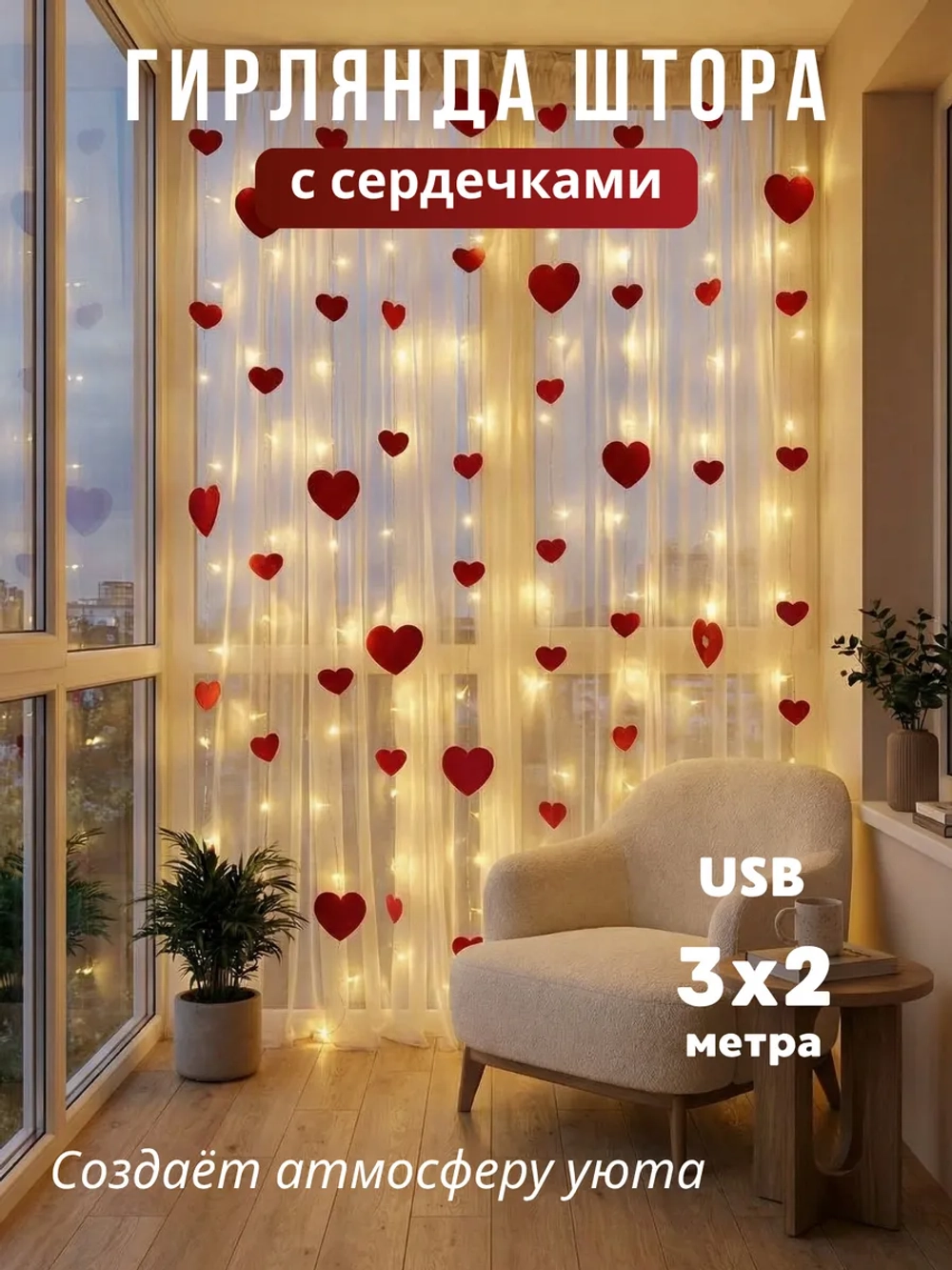 Гирлянда светодиодная сердечки декоративные декор к 8 Марта