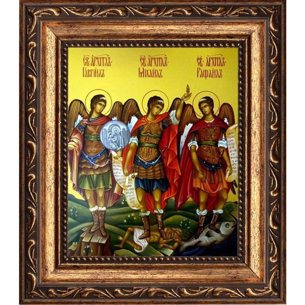 Икона архангелов Михаила, Гавриила и Рафаила на холсте.