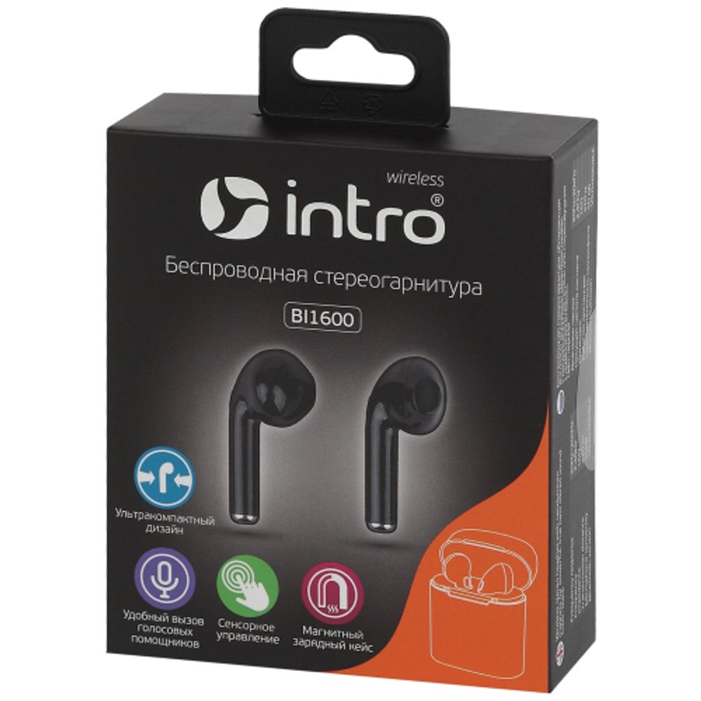 Intro BI1600 Bluetooth-гарнитура сенсорная ultra slim, с зар. кейсом, черная | Intro Bluetooth гарнитуры