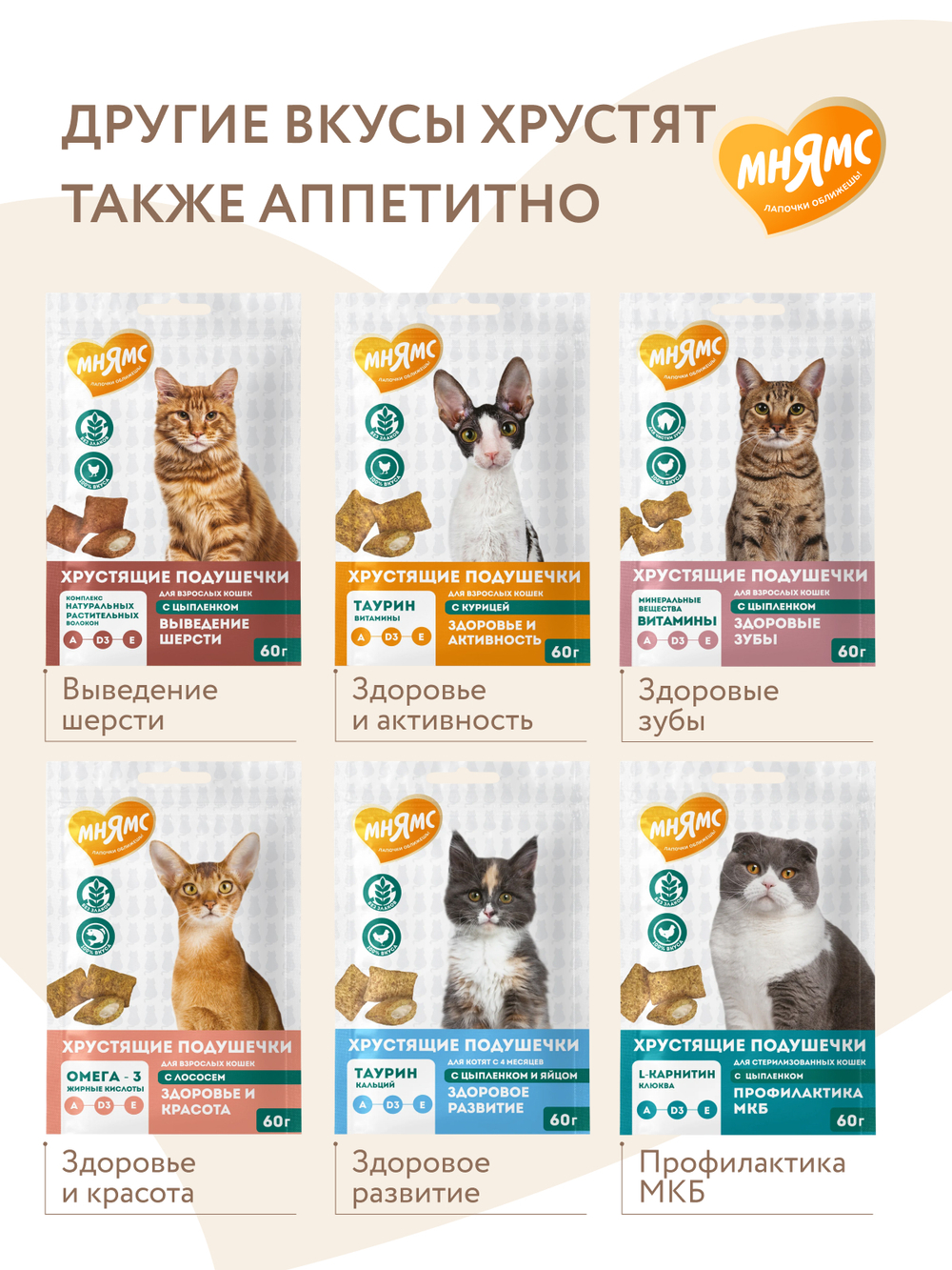 Лакомство Мнямс "Здоровая кожа и шерсть" хрустящие подушечки для кошек с птицей 60 г.