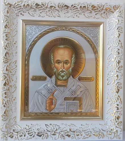 Икона 25х22 Николай Чудотворец (серебро), белый багет (Паняв)