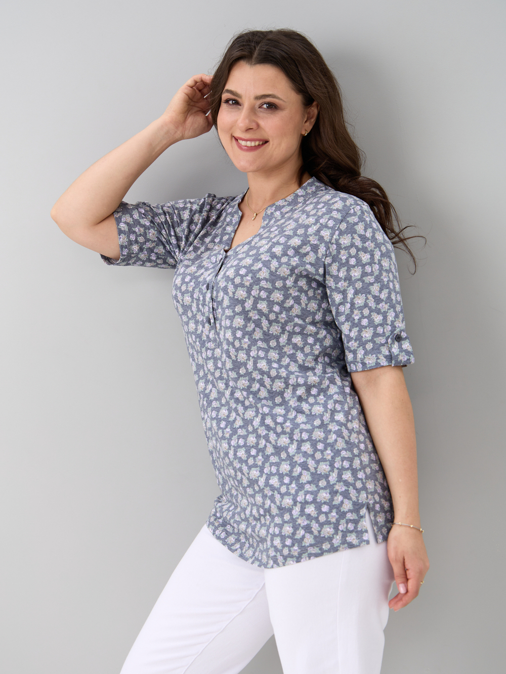 Блузка БЛв-122/серыймеланж-цветочки