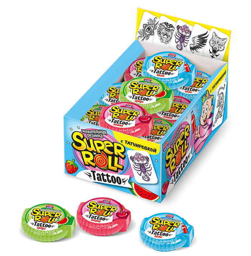 Жевательная резинка "SUPER ROLL TATTOO" ассорти 12гр*24шт*16 блоков.				¶
