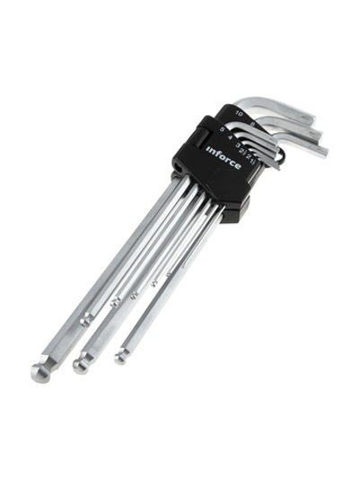Набор шестигранных экстра-длинных ключей с шаром 9 штук Inforce, размеры 1,5-10мм, 06-05-95