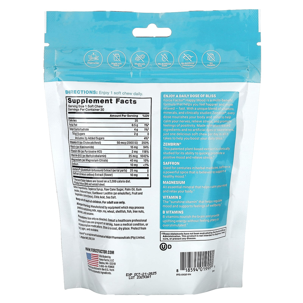 Force Factor, Happy Mood, тропические фрукты, 30 жевательных таблеток