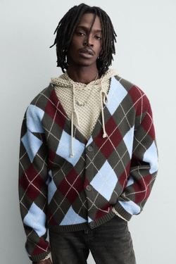 ZARA КАРДИГАН С УЗОРОМ "РОМБЫ", ШОКОЛАДНЫЙ