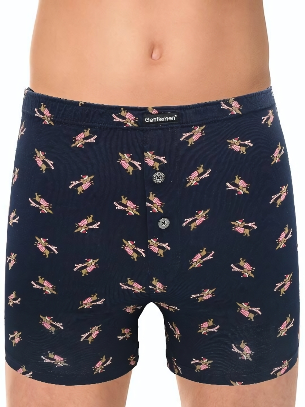 Хлопковые трусы-боксеры на пуговках с принтом в виде такс (Размер: M) (Цвет: темно-синий)
