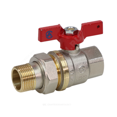 Кран шаровой латунь никель 1007 Euro Ду 25 Ру25 ВР/"американка" полнопроходной бабочка красная Aquasfera 1007-03