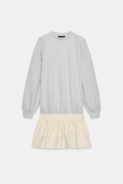 ZARA КОРОТКОЕ КОМБИНИРОВАННОЕ ПЛАТЬЕ С ВОЛАНАМИ, ЭКРЮ МЕЛАНЖ