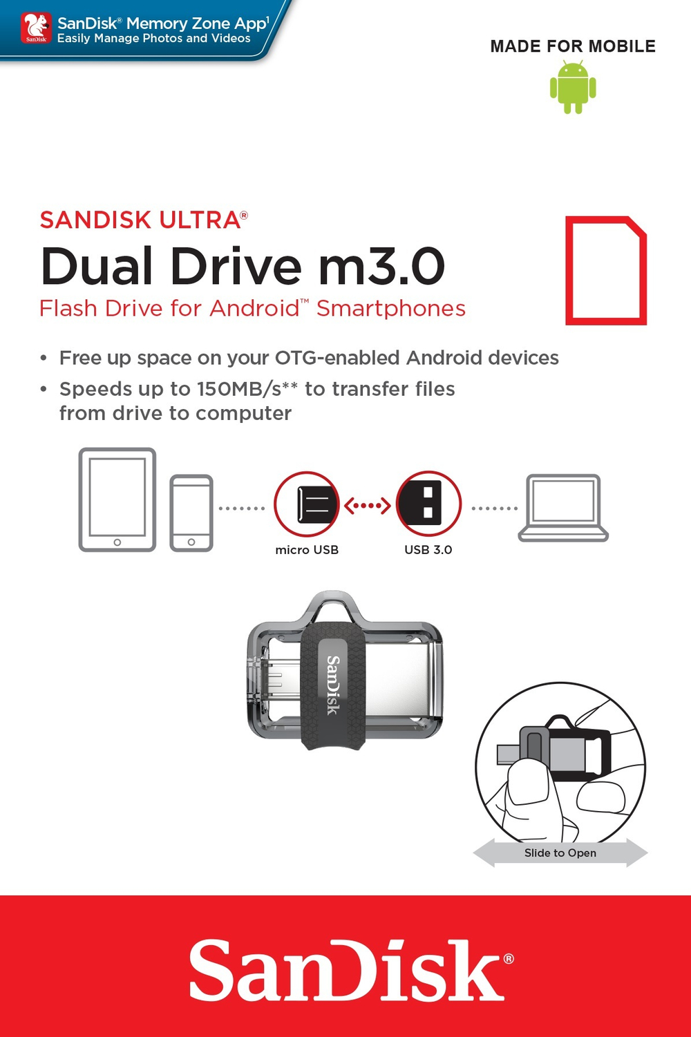 Флеш-накопитель SanDisk Ultra Dual Drive m3.0 USB-A/Micro B 256GB, R 130 МБ/с