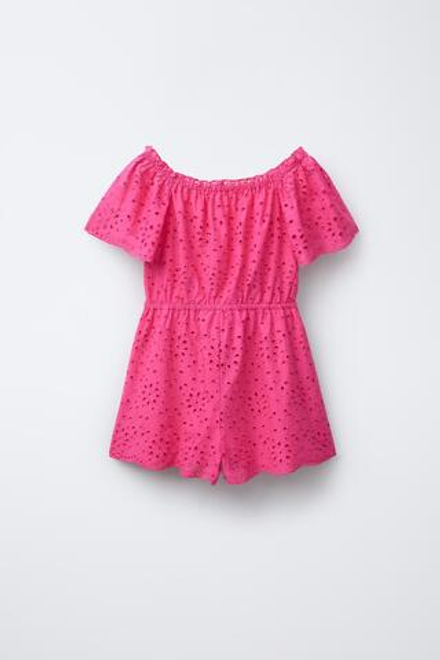 ZARA КОРОТКИЙ КОМБИНЕЗОН С ВЫШИВКОЙ ШИФФЛИ, ЦВЕТ ФУКСИИ
