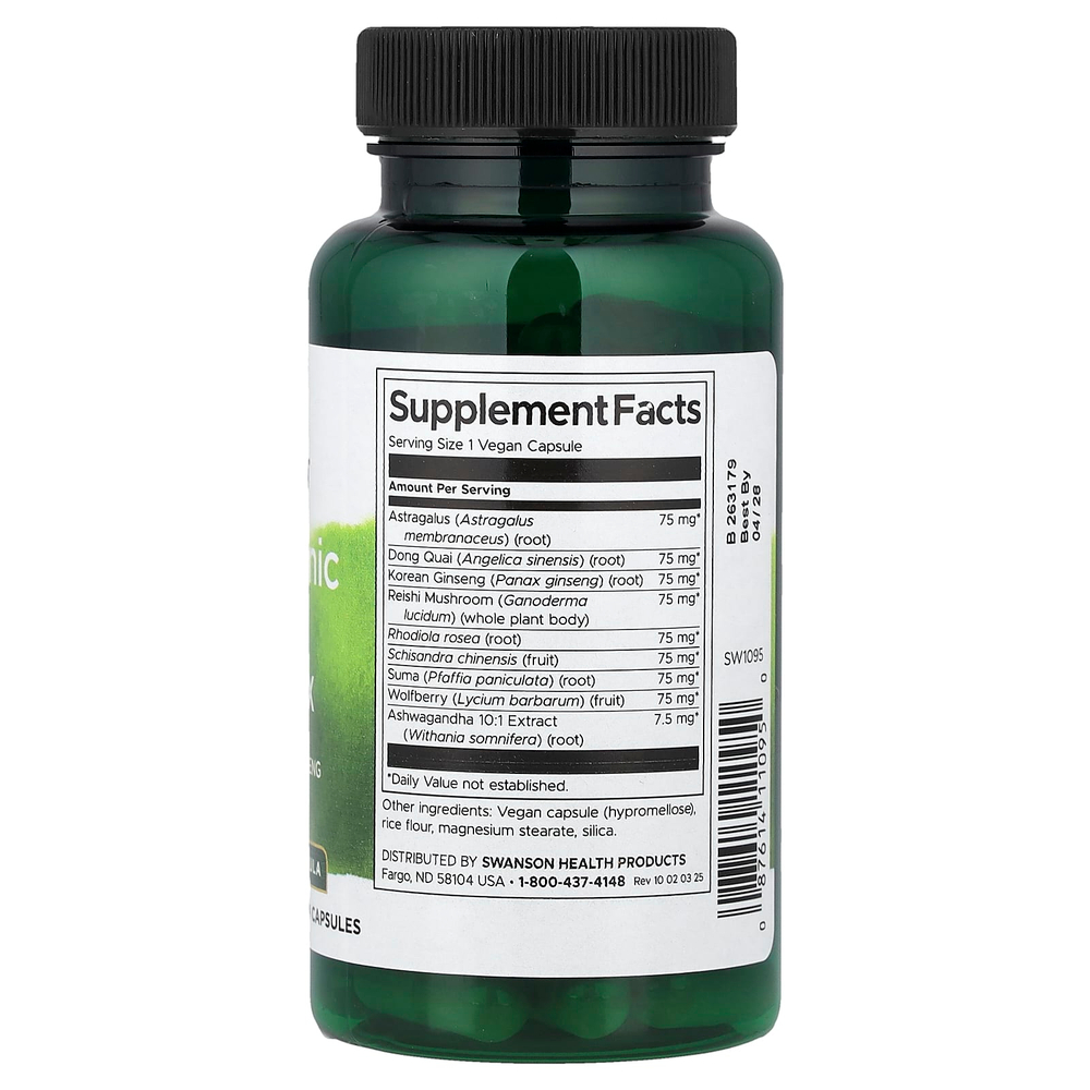 Swanson Vitamins, адаптогенный травяной комплекс с родиолой, ашвагандой и женьшенем, 60 веганских капсул