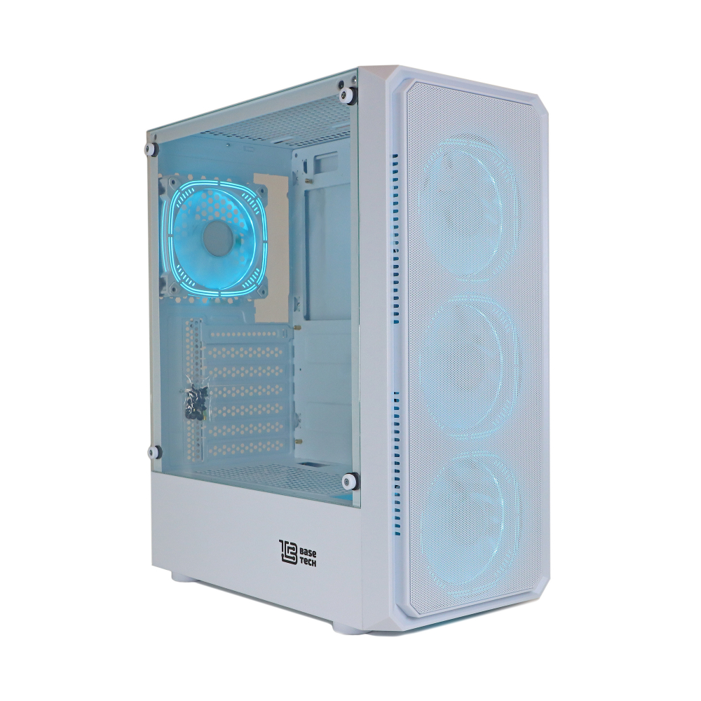 Корпус BaseTech eXtreme GFX-03, Без БП, ATX, белый, 4xICE BLUE FAN, 2xUSB2, 1xUSB3, бок: закалённое стекло (BT-GFX-03W-MESH-4F-IB)