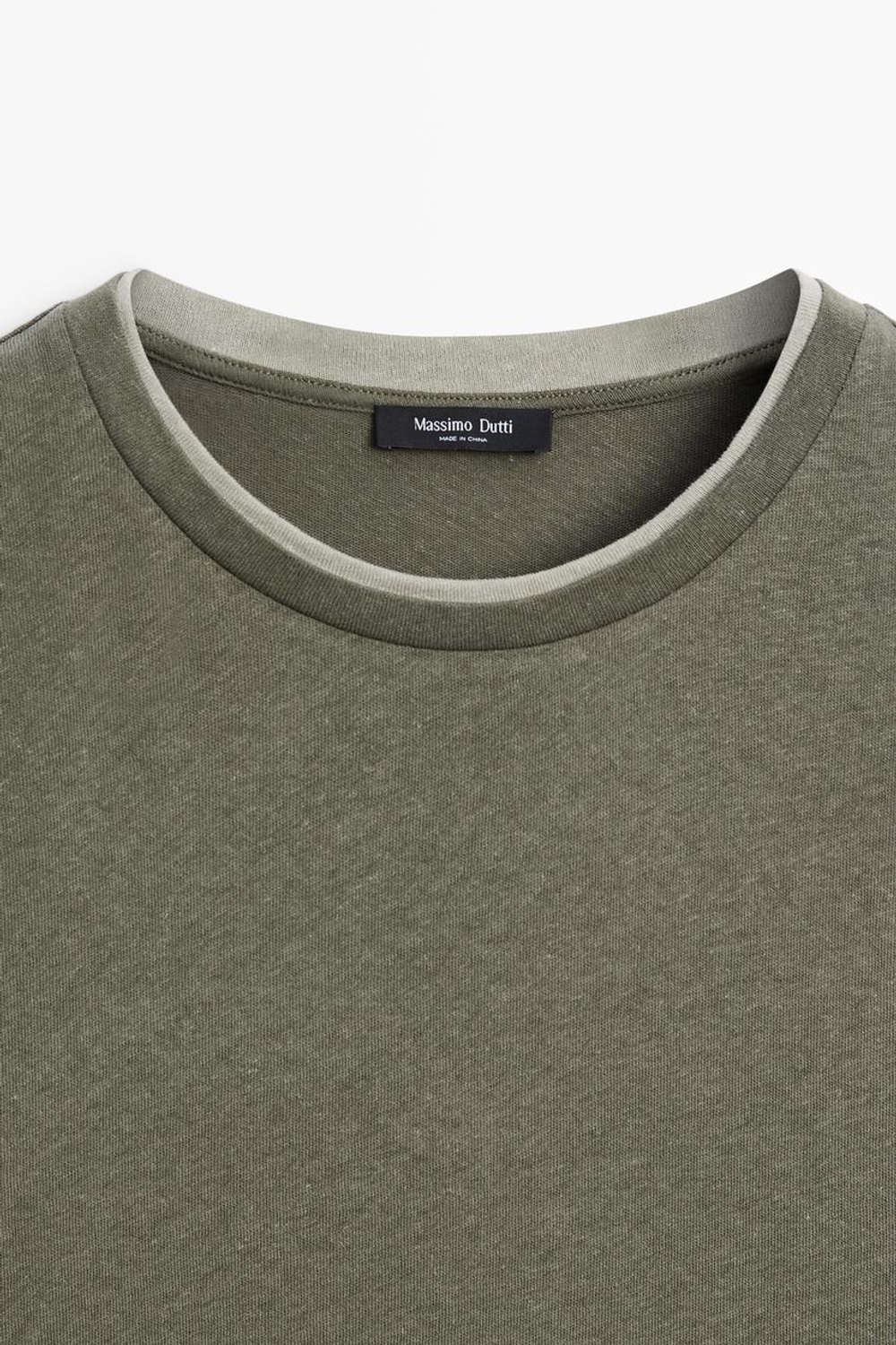 Massimo Dutti Футболка из хлопка и льна с двойным воротом, хаки