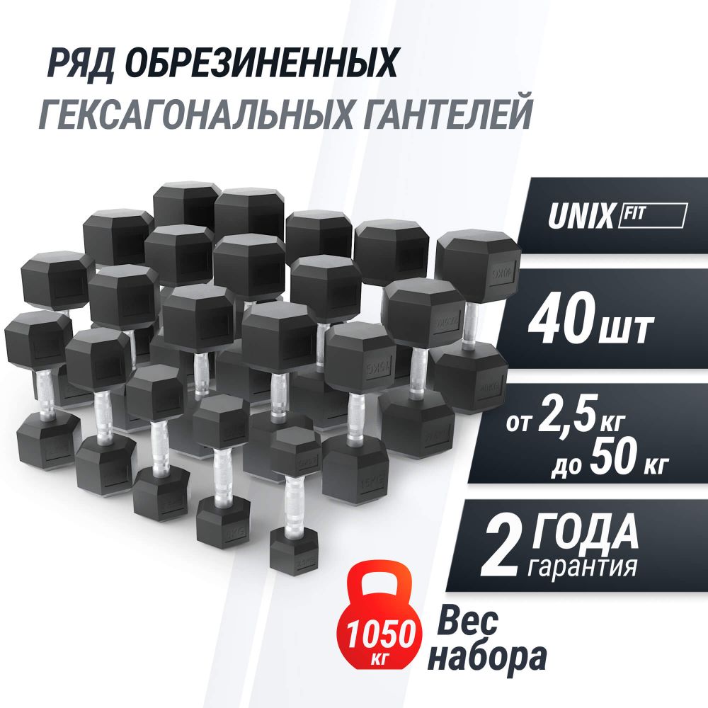 Ряд гантелей гексагональных UNIX Fit обрезиненные от 2,5 до 50 кг
