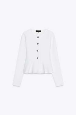 ZARA КАРДИГАН ИЗ ТОНКОГО ТРИКОТАЖА С БАСКОЙ, БЕЛЫЙ
