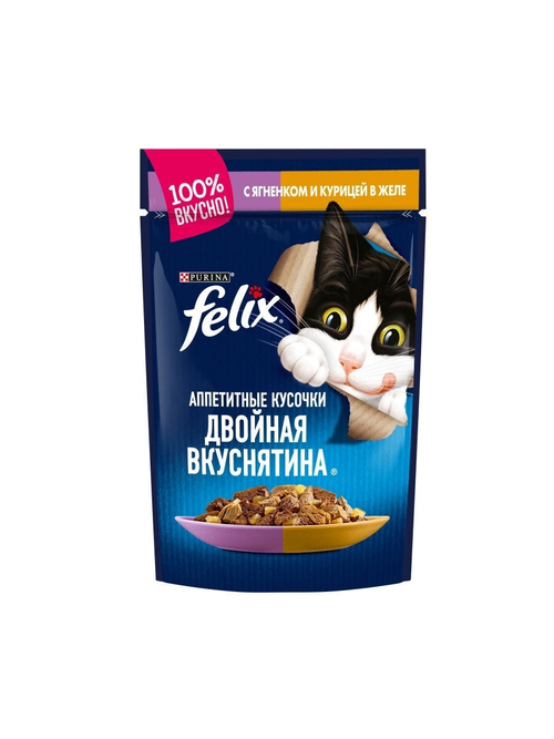 Влажный корм Felix Двойная вкуснятина для кошек, ягненок курица в желе, 85 г
