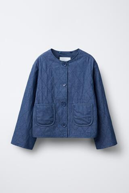 ZARA СТЕГАНАЯ КУРТКА С ОТСТЕГИВАЮЩИМСЯ ВОРОТНИКОМ И ЦВЕТОЧНЫМ ПРИНТОМ, СИНИЙ