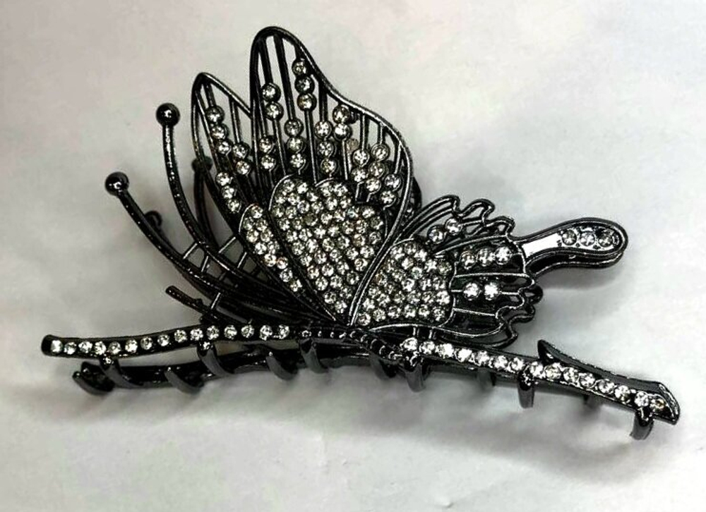 Заколка для волос краб "Бабочка" со стразами. Черная .Усиленная.
