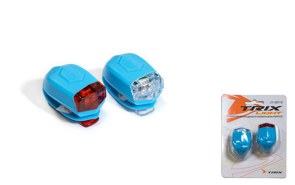 Фонари TRIX передний/задний, 2 суперъярких диода, 3 режима, крепеж на руль/подседельный штырь, батарейки в комплекте, силикон, синий
