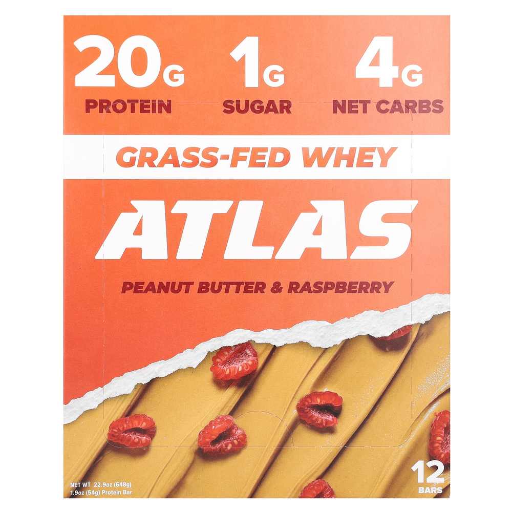 Atlas Bar, батончик с сывороточным протеином от коров травяного откорма, арахисовая паста и малина, 12 батончиков по 54 г (1,9 унции)