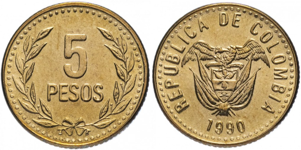 Колумбия 5 песо, 1989 - 1993 Герб aUNC