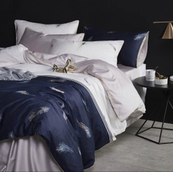 Комплект постельного белья Семейный (2 пододеяльника) Мако-сатин Египетский Хлопок Синий перья