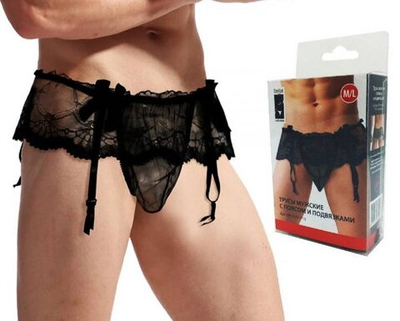 Трусы мужские кружевные с поясом и подвязками черные M/L
