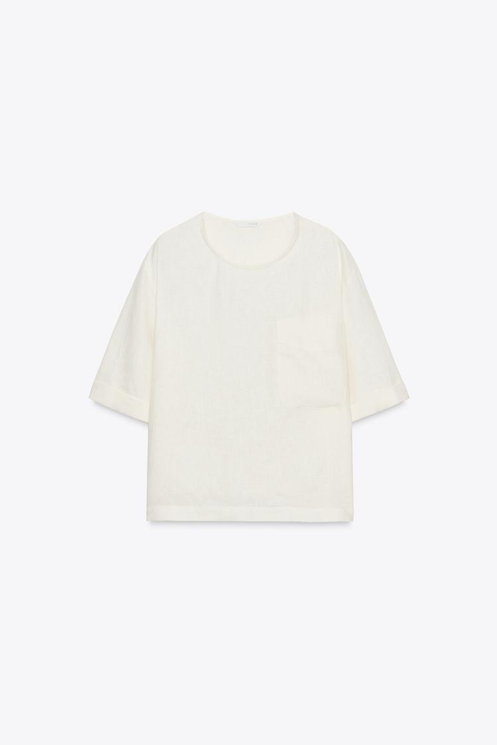 ZARA ТОП ИЗ ЛЬНА С КОРОТКИМИ РУКАВАМИ ZW COLLECTION, ЭКРЮ