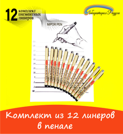Комплект из 12 линеров (лайнеров) для скетчинга (в пенале)