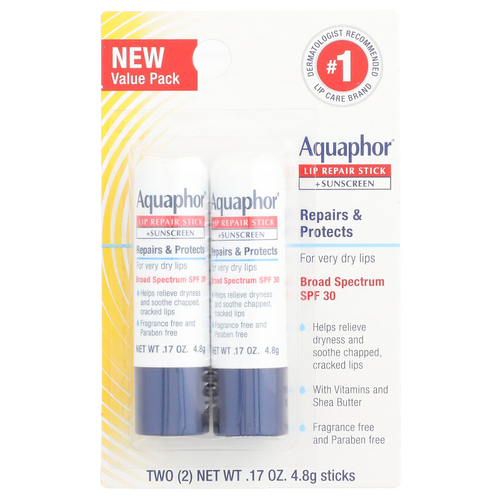 Aquaphor, Стик для восстановления губ + солнцезащитный крем, SPF 30, без отдушек, 2 стика по 4,8 г (0,17 унции)