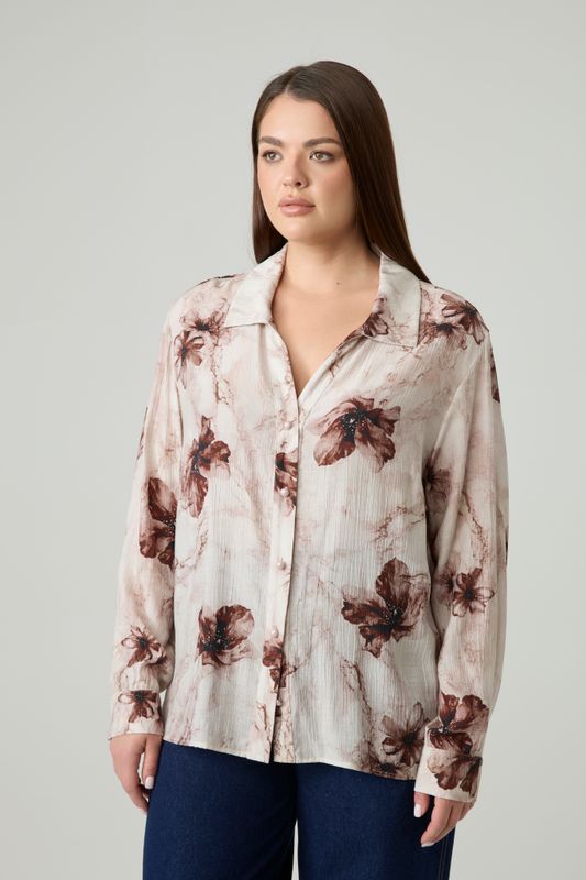 Блузка с отложным воротником, цветочный принт бежевый