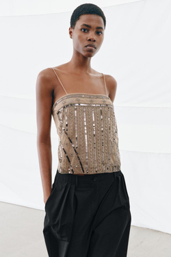 ZARA ТОП С БУСИНАМИ И ПАЙЕТКАМИ, ЗОЛОТИСТЫЙ