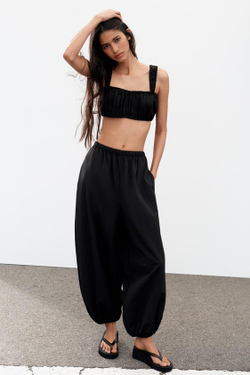 ZARA НЕЙЛОНОВЫЕ БРЮКИ-БОМБЕРЫ, ЧЕРНЫЙ