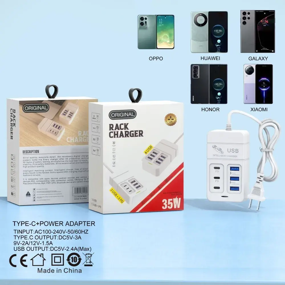 Удлинитель сетевой, с 3 USB + 3 PD розетки