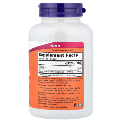 NOW Foods, E-1000, витамин E со смешанными токоферолами, 670 мг (1000 МЕ), 100 капсул