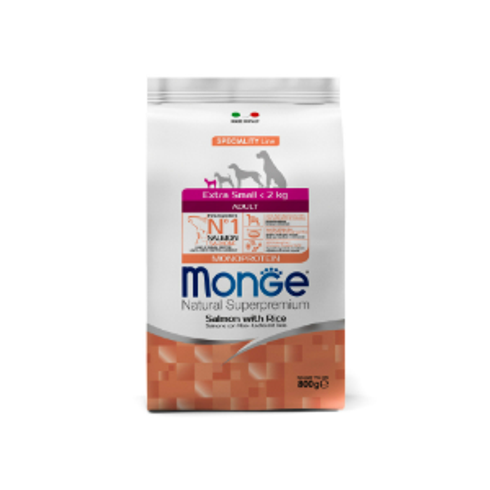 Сухой корм для взрослых собак миниатюрных пород с лососем и рисом Monge Dog Speciality Line Monoprotein Extra Small 0,8кг