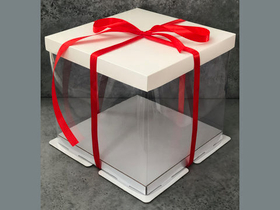 Коробка для торта Премиум прозрачная белая с пьедесталом 23.5х23.5х22