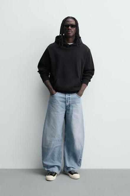 ZARA ДЖИНСЫ RELAXED BARREL FIT С ЗАЩИПАМИ, ГОЛУБОЙ