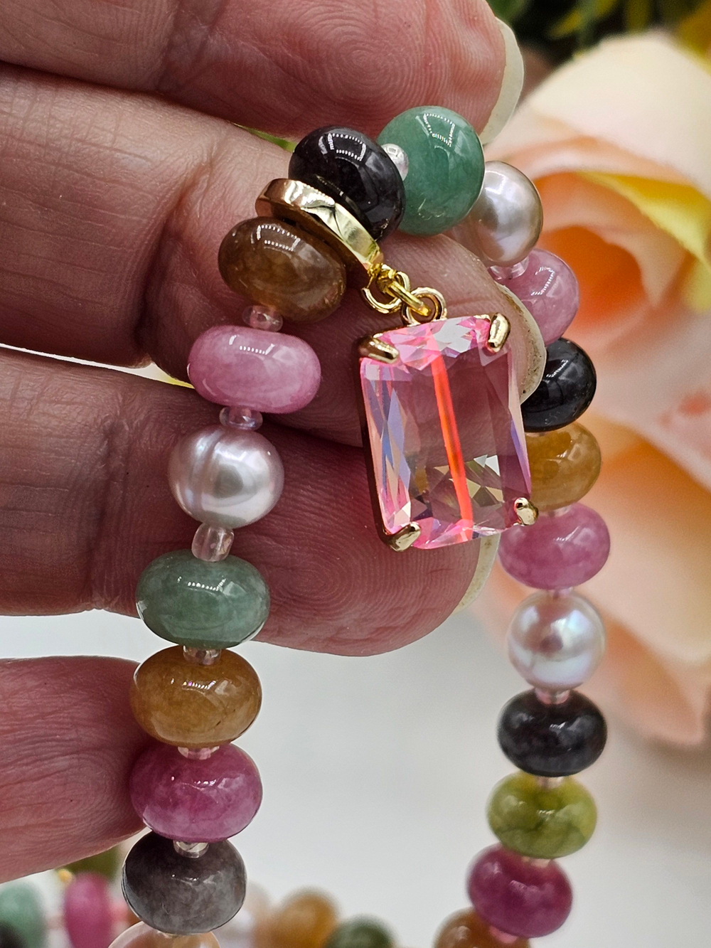 Комплект украшений авторский из Турмалина "Тропический закат". Колье и браслет.