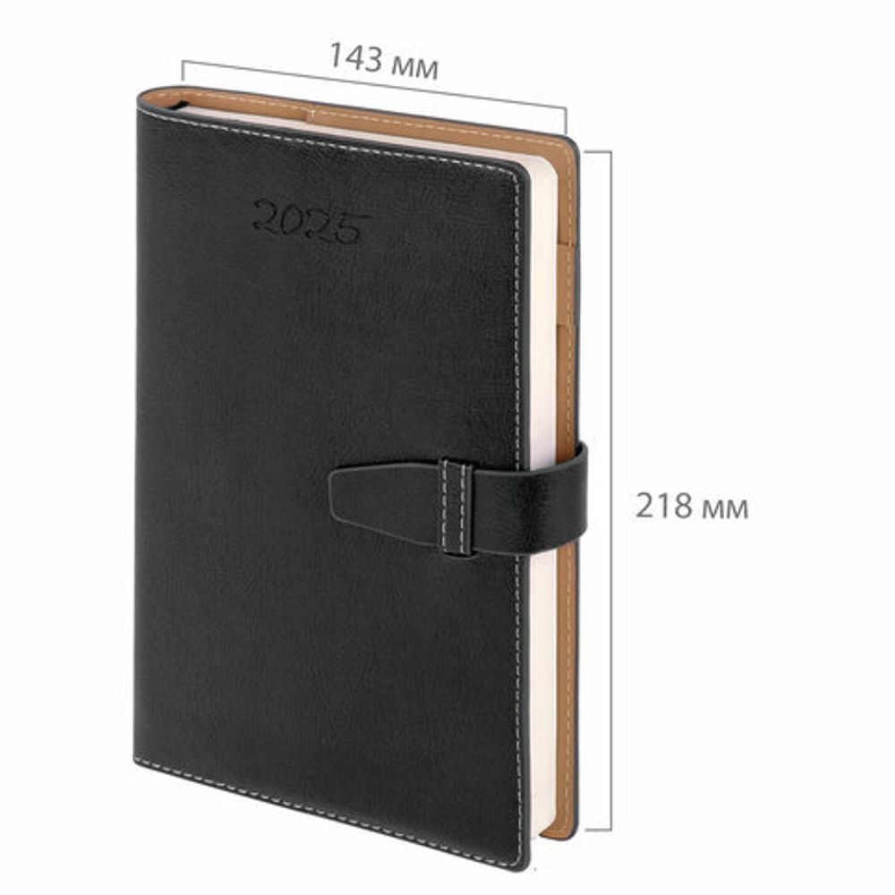 Ежедневник датированный 2025, А5, 143х218 мм, BRAUBERG "Journal", под кожу, застежка, органайзер, черный, 115882