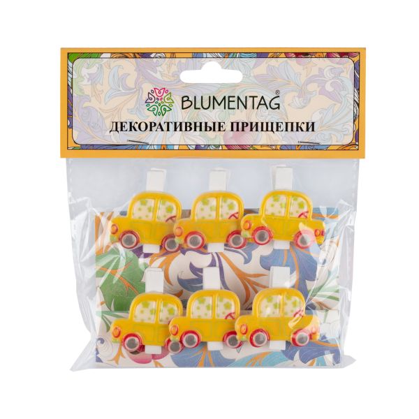 Прищепки декоративные 5х6 шт, 3.5 см, C20 Желтые машинки, Blumentag WCRH-35