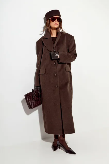 Пальто с шерстью прямого кроя цвета шоколад