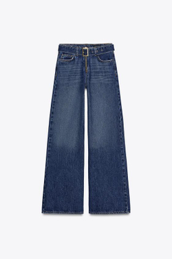 ZARA ДЖИНСЫ WIDE-LEG СО СРЕДНЕЙ ПОСАДКОЙ И ПОЯСОМ, ВЫЦВЕТШИЙ СИНИЙ