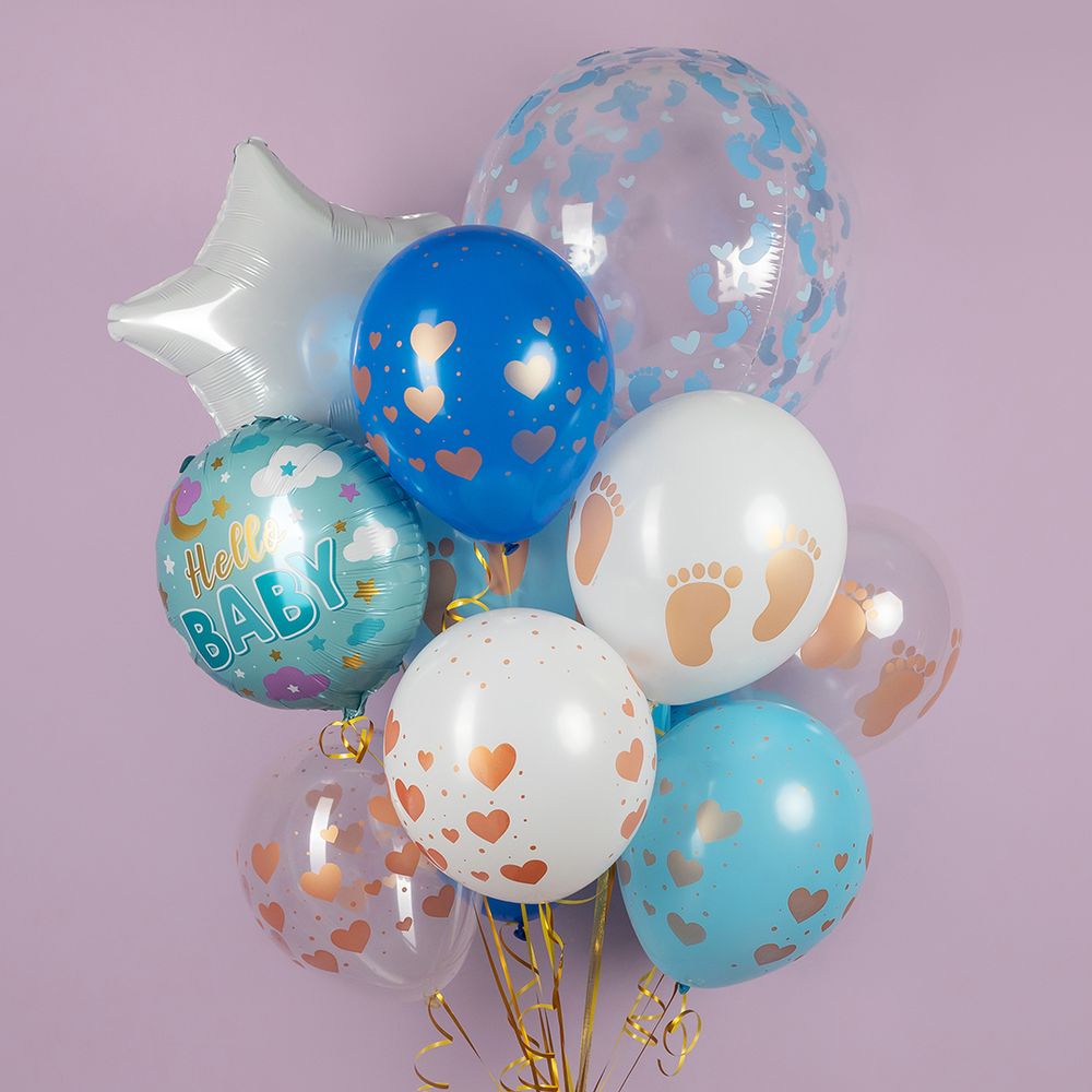 Шар (12''/30 см) Новорожденный (сердца и облака), Ассорти, кристалл, 5 ст, 25 шт.