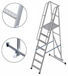 Лестница-платформа фиксированной высоты алюминиевая MEGAL ЛПФВА Н=1.2-8 пер. с трав. и шир. ступ.