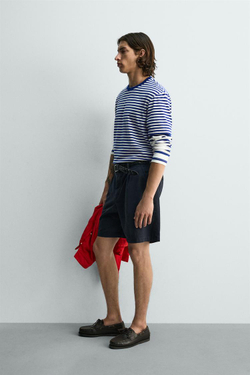 ZARA ФУТБОЛКА REGULAR FIT ЖАККАРД В ПОЛОСКУ, БЕЛЫЙ/СИНИЙ